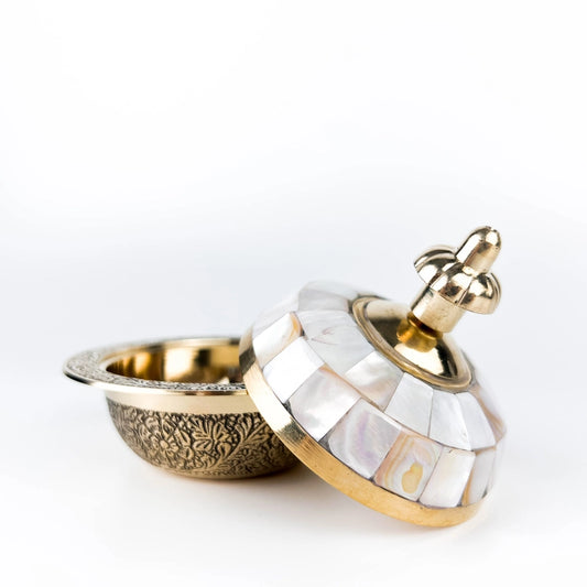 Brass Mother of Pearl Carved Bowl with Lid - 3.5"D, 3"H